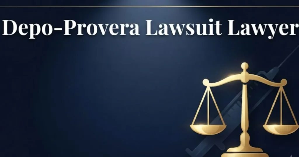 Depo-Provera lawsuit lawyer hero banner with scales of justice and syringe icon