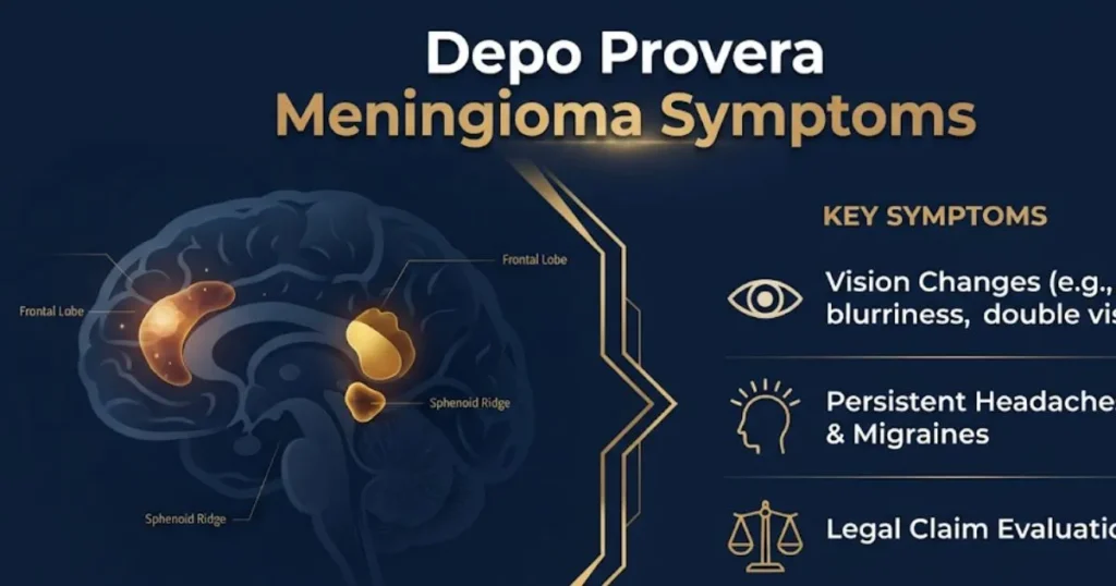 Depo Provera meningioma symptoms infographic with brain and legal icons