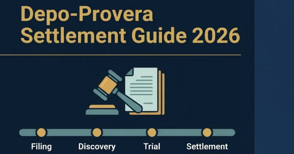 Depo-Provera settlement guide 2026 graphic with gavel and litigation timeline
