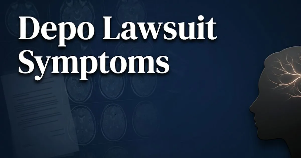 Depo lawsuit symptoms hero banner with brain scan and legal imagery
