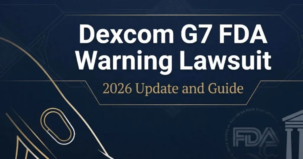 Dexcom G7 FDA warning lawsuit 2026 legal guide banner with CGM device and courthouse icons