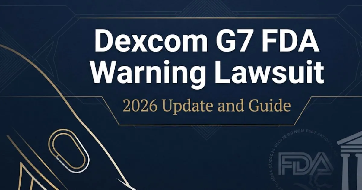 Dexcom G7 FDA warning lawsuit 2026 legal guide banner with CGM device and courthouse icons