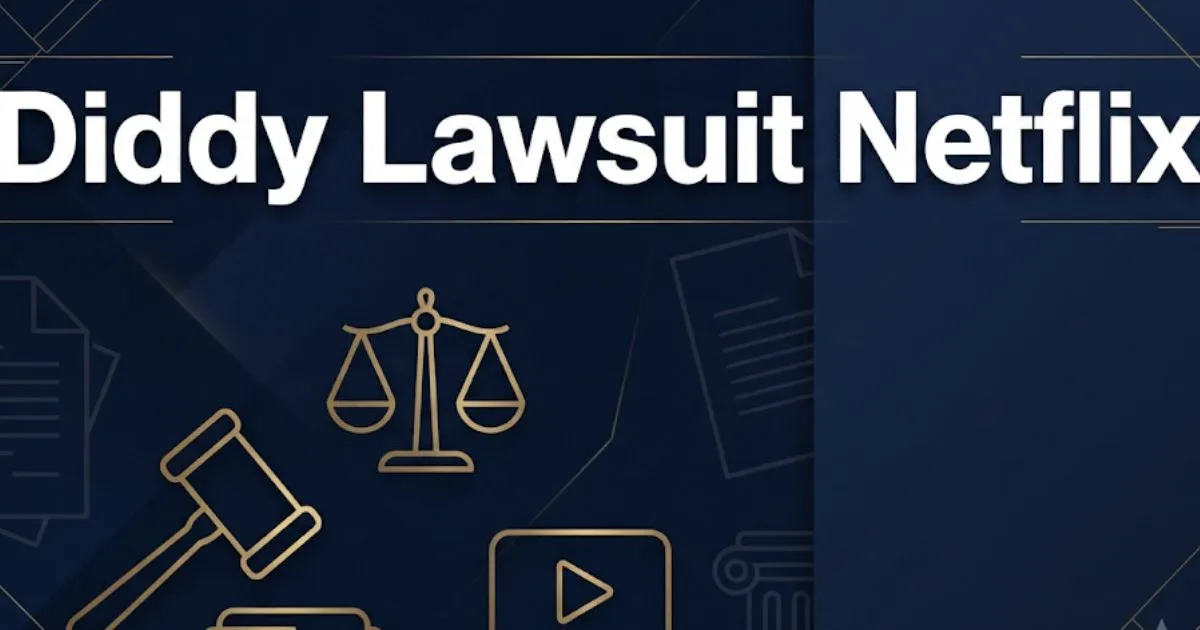 Diddy lawsuit Netflix 2026 legal case banner with gavel and scales of justice icons