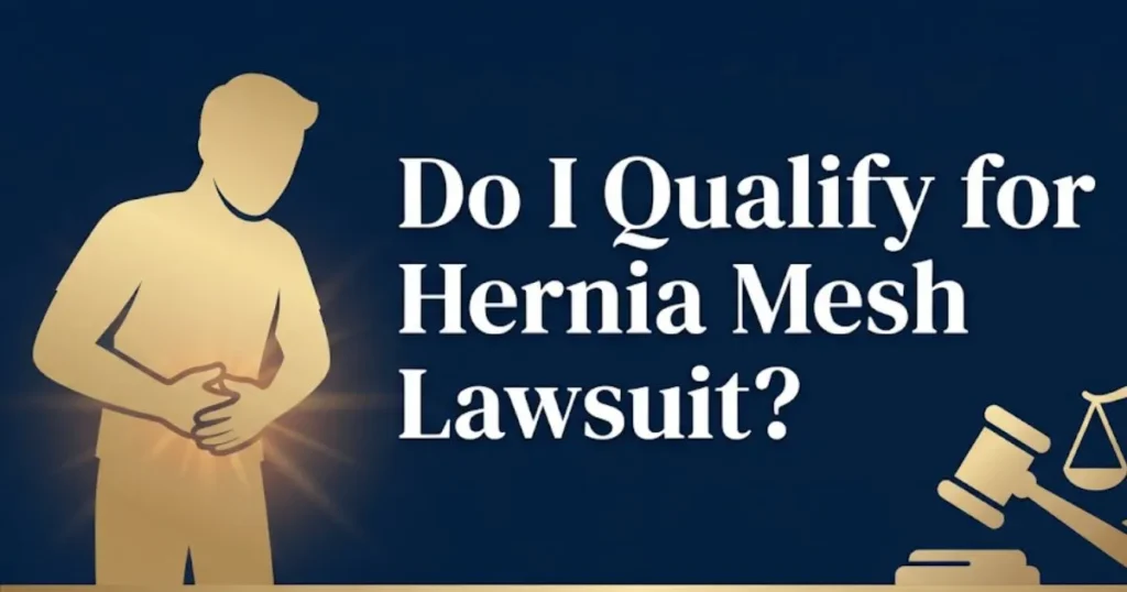Do I qualify for hernia mesh lawsuit hero banner with legal scales and medical icons