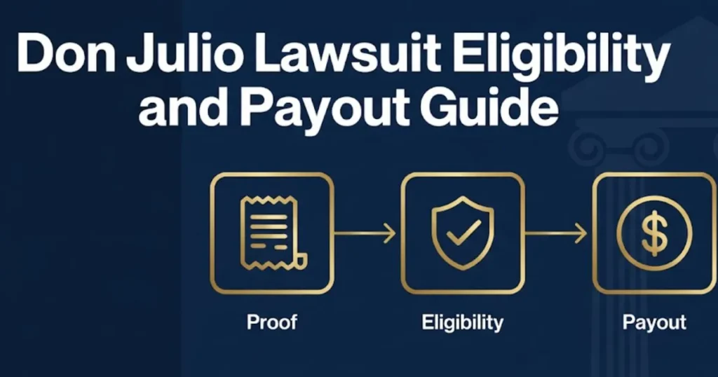 Don Julio class action lawsuit sign up eligibility and payout infographic in navy and gold