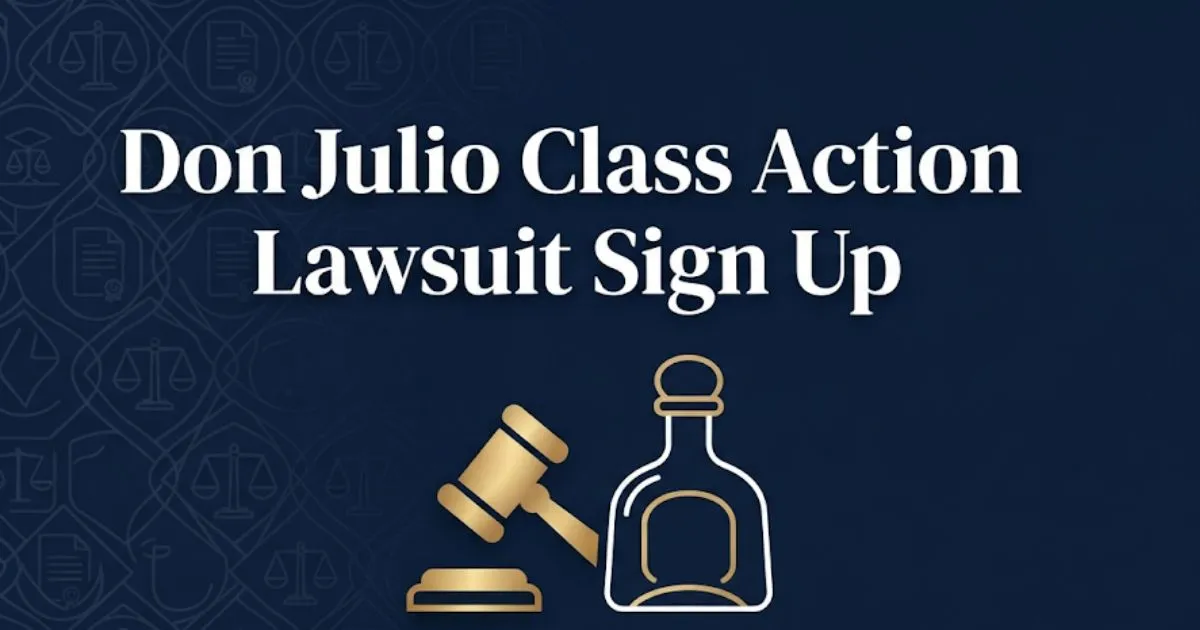 Don Julio class action lawsuit sign up hero banner with gavel and tequila bottle icons