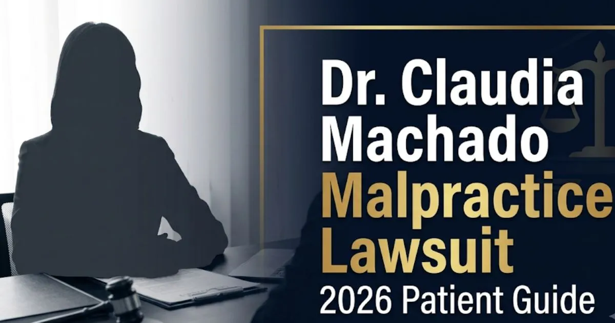 Dr. Claudia Machado malpractice lawsuit 2026 guide banner with legal scales and silhouette on navy background