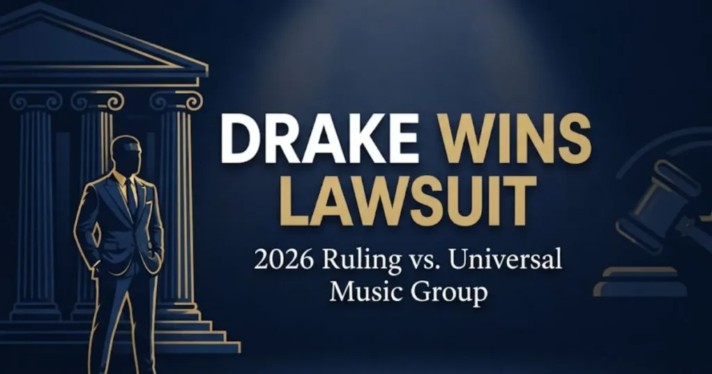 Drake wins lawsuit headline banner showing 2026 ruling against Universal Music Group with legal gavel imagery