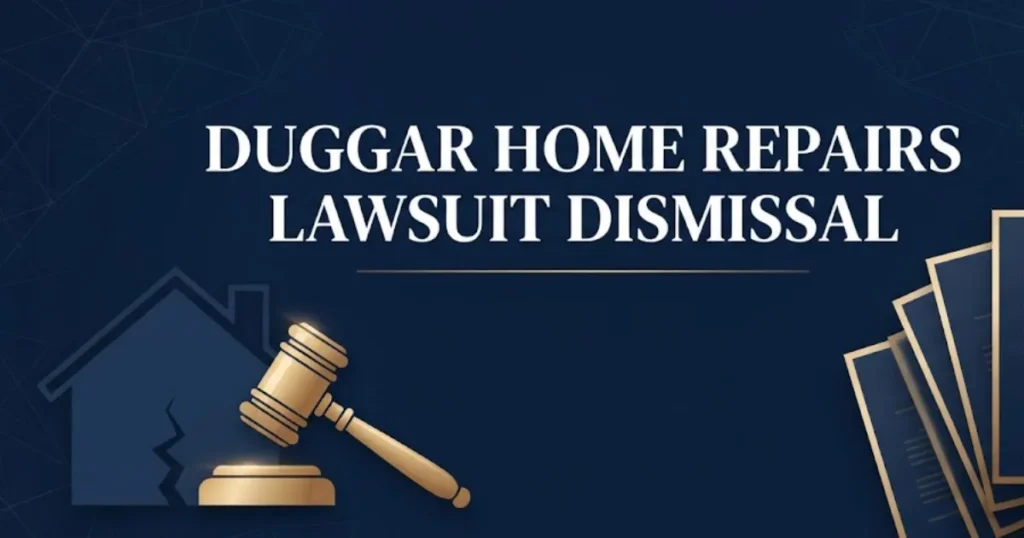 Duggar home repairs lawsuit dismissal hero banner with gavel and house icon on navy background
