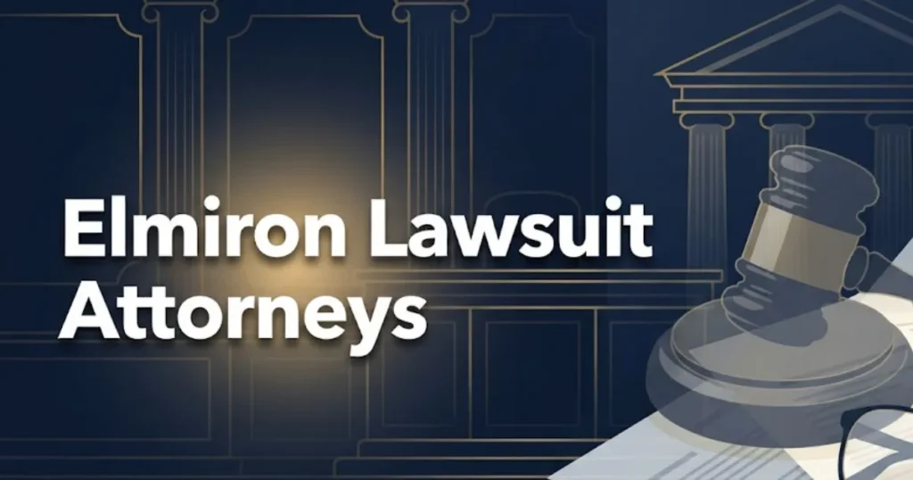 Elmiron lawsuit attorneys banner with gavel and eyeglasses on navy legal background