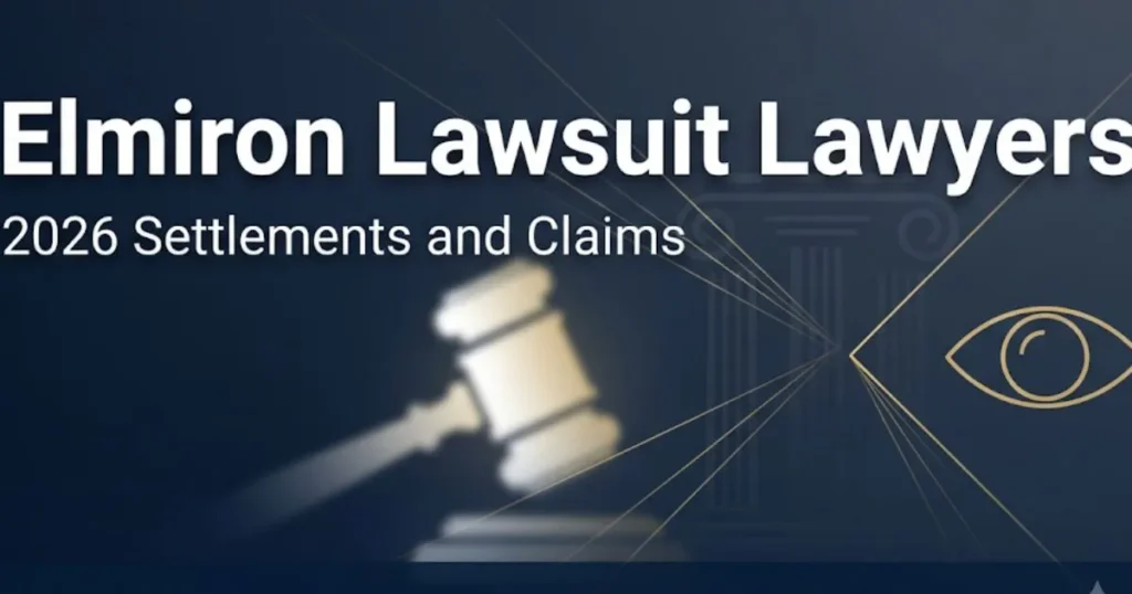 Elmiron lawsuit lawyers 2026 legal banner with gavel and eye damage symbol on navy background