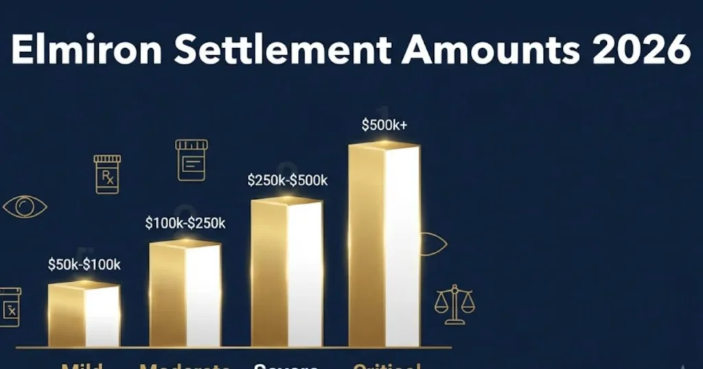 Elmiron settlement amounts 2026 infographic with tiered payout chart and legal icons