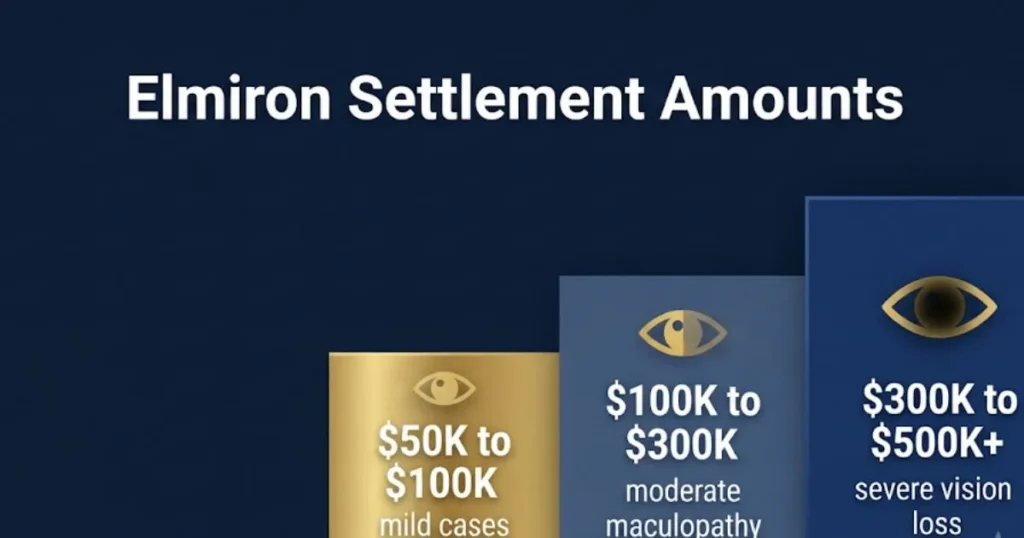 Elmiron settlement amounts infographic showing payout tiers for eye damage claims in 2026