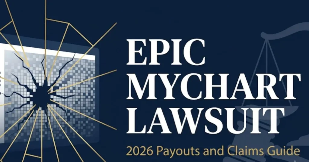 Epic MyChart lawsuit 2026 blog banner with gavel and data breach design in navy and gold
