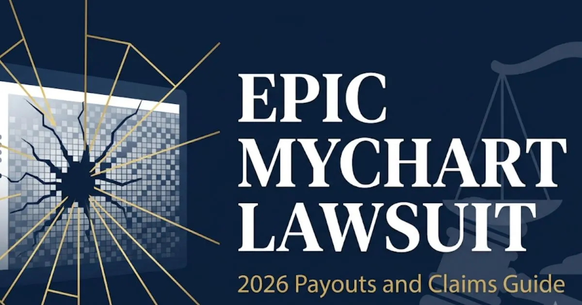 Epic MyChart lawsuit 2026 blog banner with gavel and data breach design in navy and gold