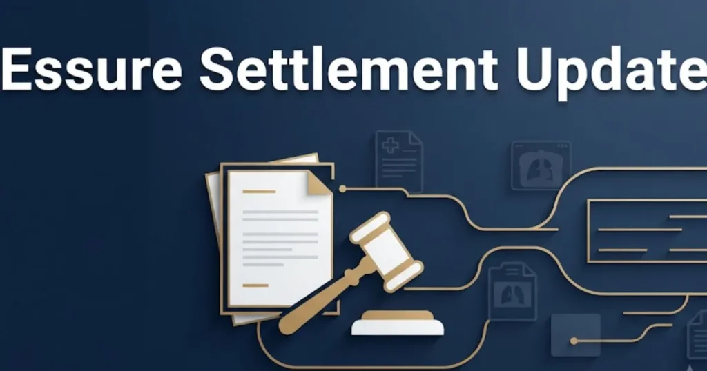 Essure settlement update graphic showing legal documents and timeline on dark navy background