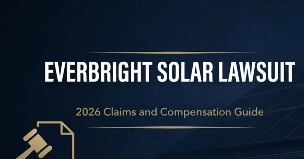 Everbright Solar lawsuit 2026 legal banner showing gavel, solar panels, and bold headline text on navy background