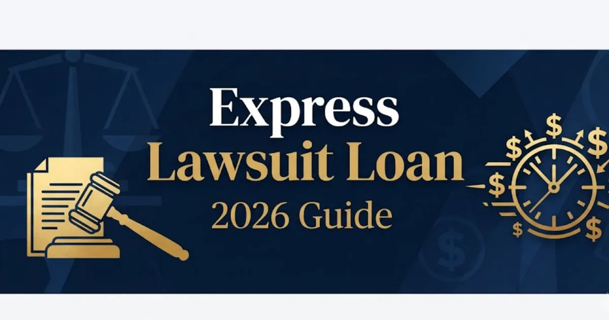 Express lawsuit loan 2026 guide hero banner with gavel and funding icons