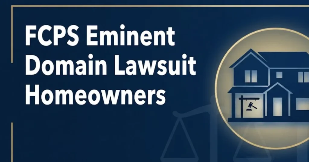 FCPS eminent domain lawsuit homeowners rights 2026 banner showing home silhouette and legal scales in navy and gold