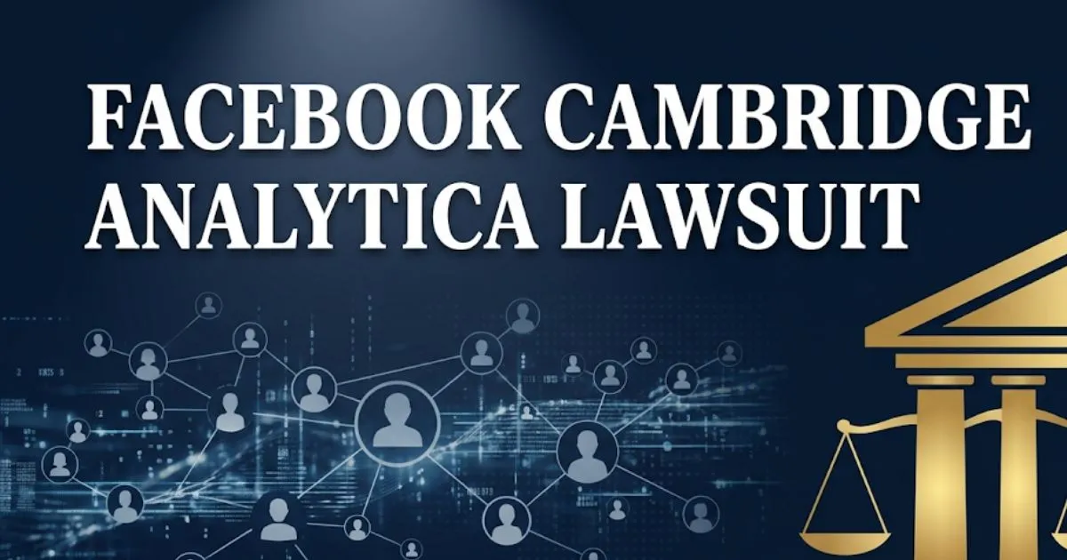 Facebook Cambridge Analytica lawsuit 2026 guide banner with legal and data privacy imagery