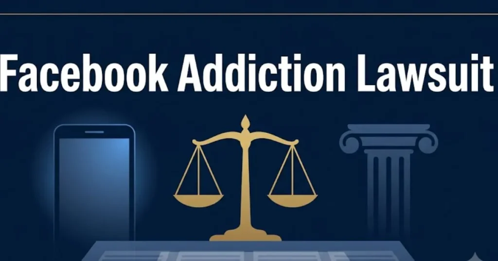 Facebook addiction lawsuit 2026 legal guide banner with scales of justice and courthouse imagery