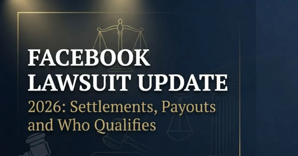 Facebook lawsuit update 2026 blog banner showing bold headline text with legal scale and gavel icons on navy background