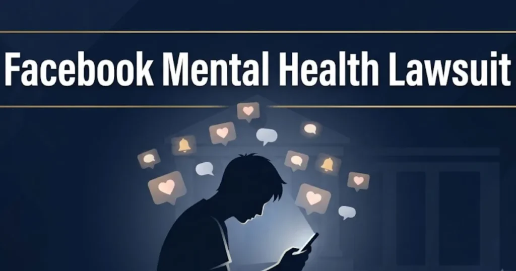 Facebook mental health lawsuit 2026 guide with teen silhouette and legal imagery