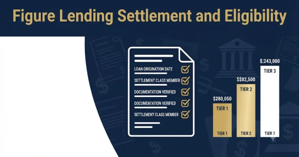 Figure lending lawsuit eligibility and settlement payout chart graphic on navy and gold background