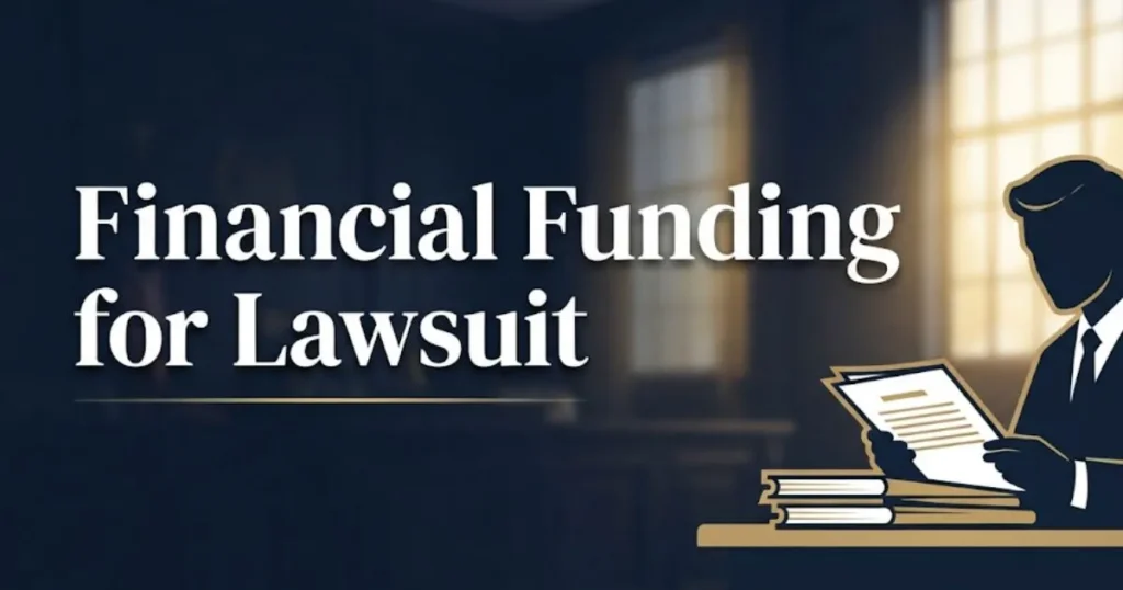 Financial funding for lawsuit guide banner with courthouse interior and legal documents