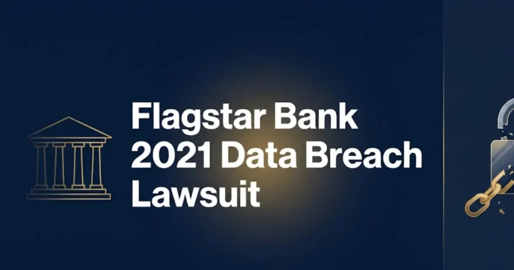 Flagstar Bank 2021 data breach lawsuit hero banner with courthouse silhouette and broken padlock icon on navy background.
