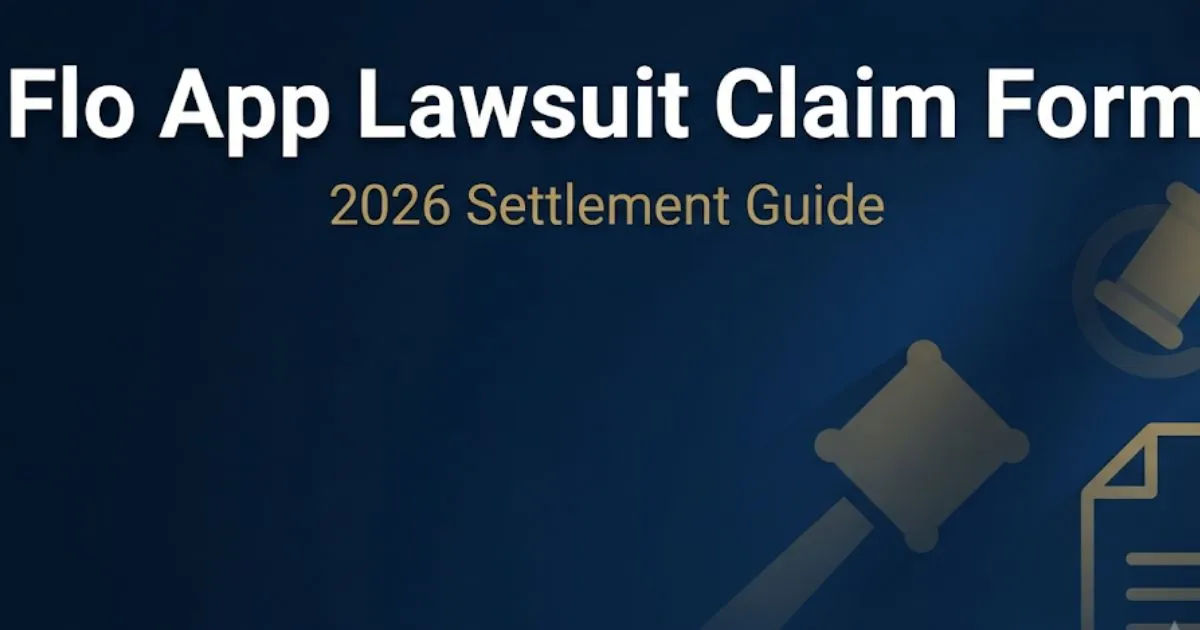 Flo app lawsuit claim form 2026 settlement guide banner with legal gavel and document icons on navy background