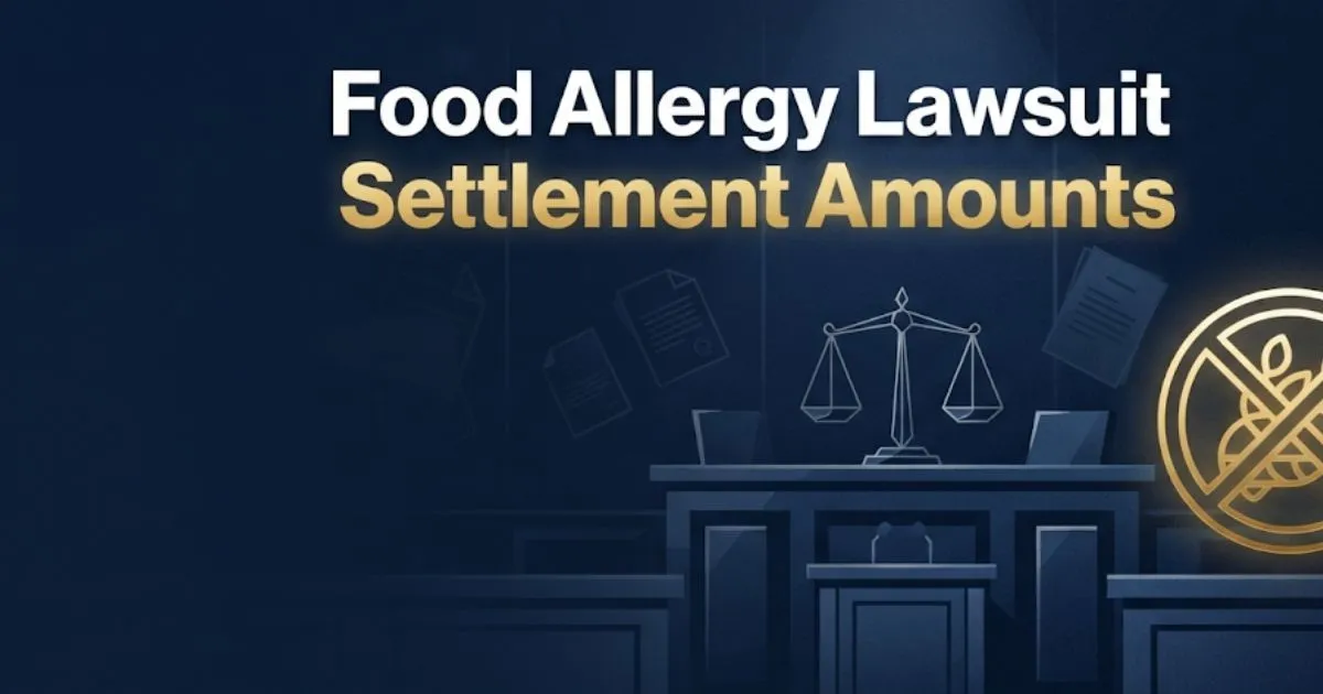 Food allergy lawsuit settlement amounts 2026 guide hero banner with legal scales and courtroom design