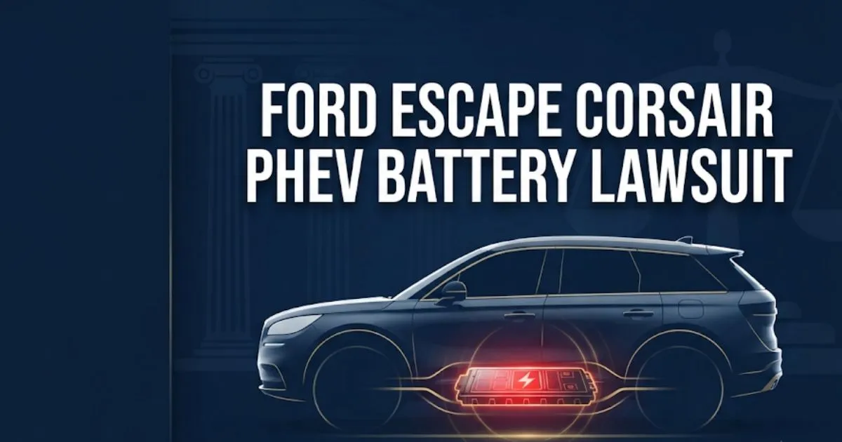 Ford Escape Corsair PHEV battery lawsuit 2026 hero banner with SUV and battery icon