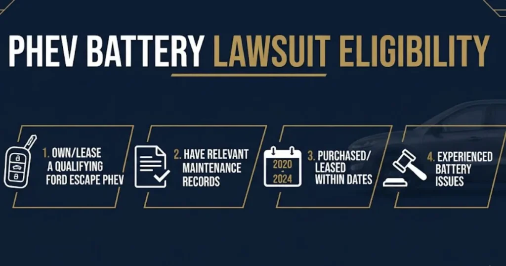 Ford PHEV battery lawsuit eligibility checklist infographic with vehicle and gavel icons