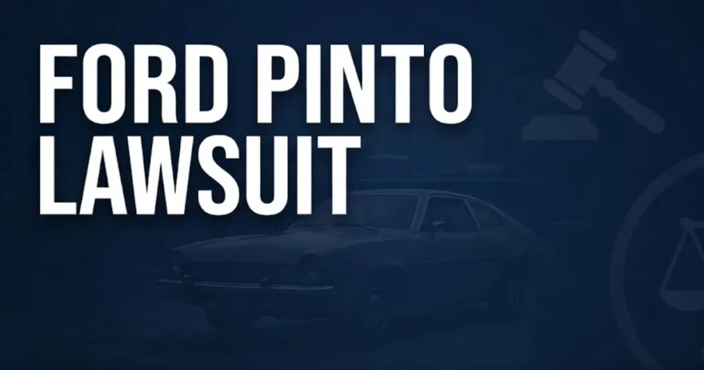 Ford pinto lawsuit hero banner with legal symbols and 1970s car silhouette