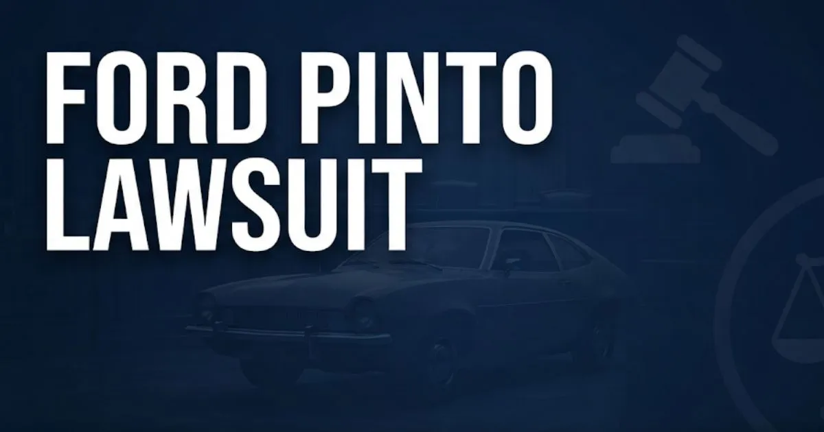 Ford pinto lawsuit hero banner with legal symbols and 1970s car silhouette
