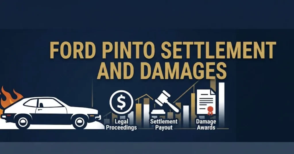 Ford pinto lawsuit settlement and damages infographic with legal icons