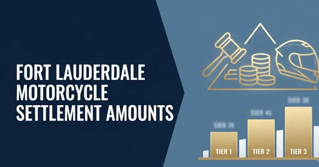 Fort Lauderdale motorcycle settlement amounts infographic with gavel and helmet icons