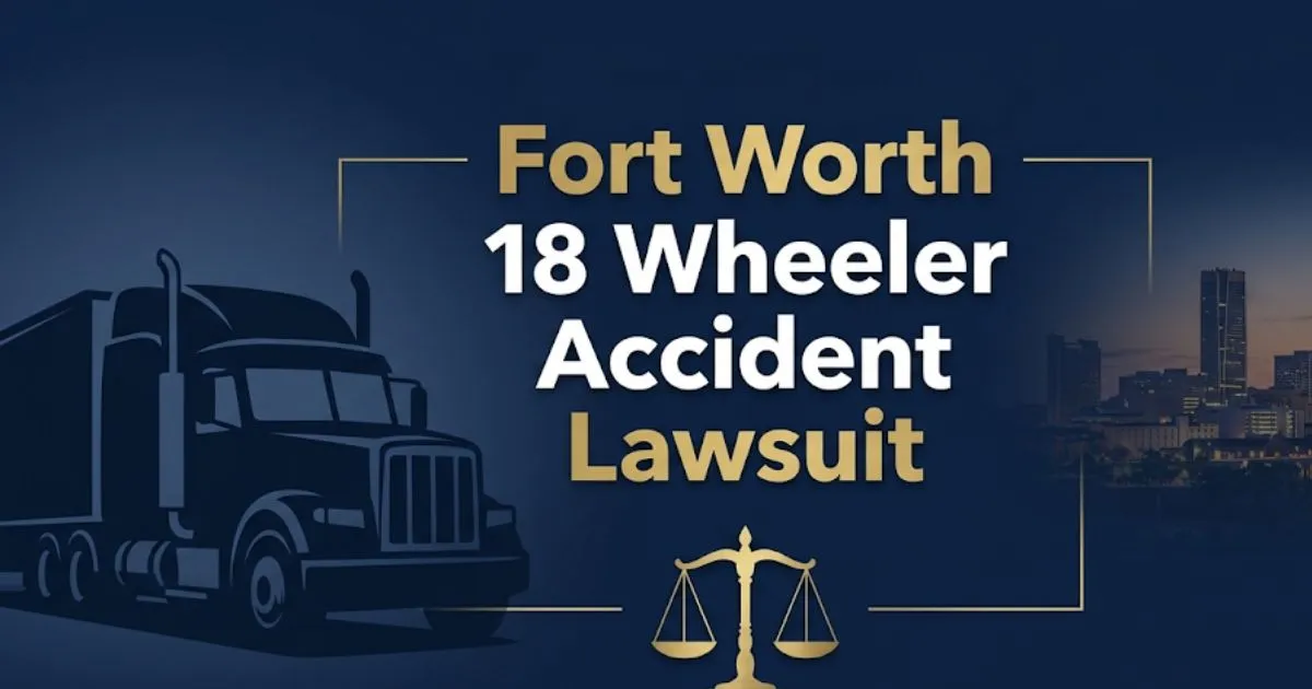 Fort Worth 18 wheeler accident lawsuit 2026 guide with truck silhouette and legal scales graphic