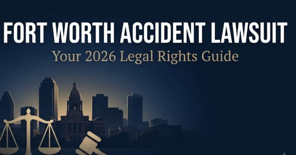 Fort Worth accident lawsuit 2026 legal guide banner with Fort Worth skyline silhouette and scales of justice icon
