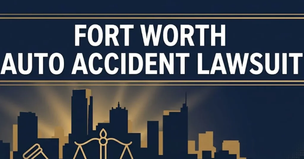 Fort Worth auto accident lawsuit 2026 guide with city skyline and legal gavel graphic