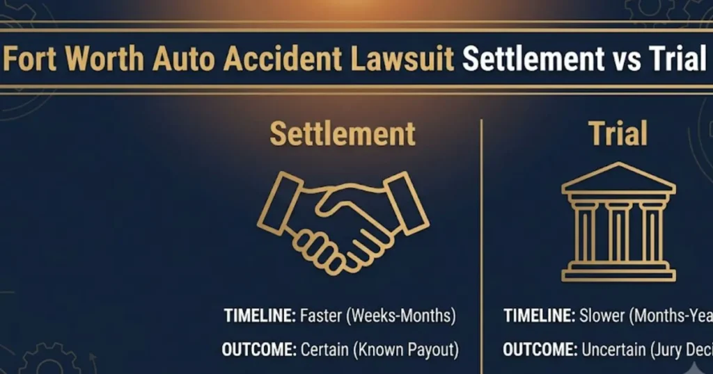 Fort Worth auto accident lawsuit settlement versus trial comparison infographic