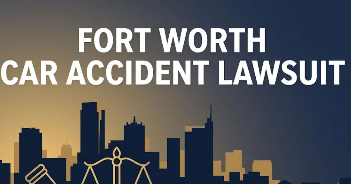 Fort Worth car accident lawsuit guide hero banner with city skyline and legal symbols