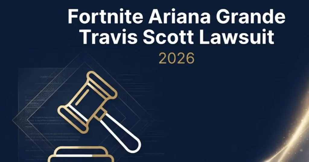 Fortnite Ariana Grande Travis Scott Lawsuit 2026 blog banner with gavel and concert lighting legal editorial design