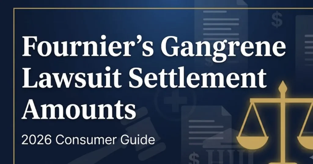 Fournier's gangrene lawsuit settlement amounts 2026 guide with legal scales and gavel graphic
