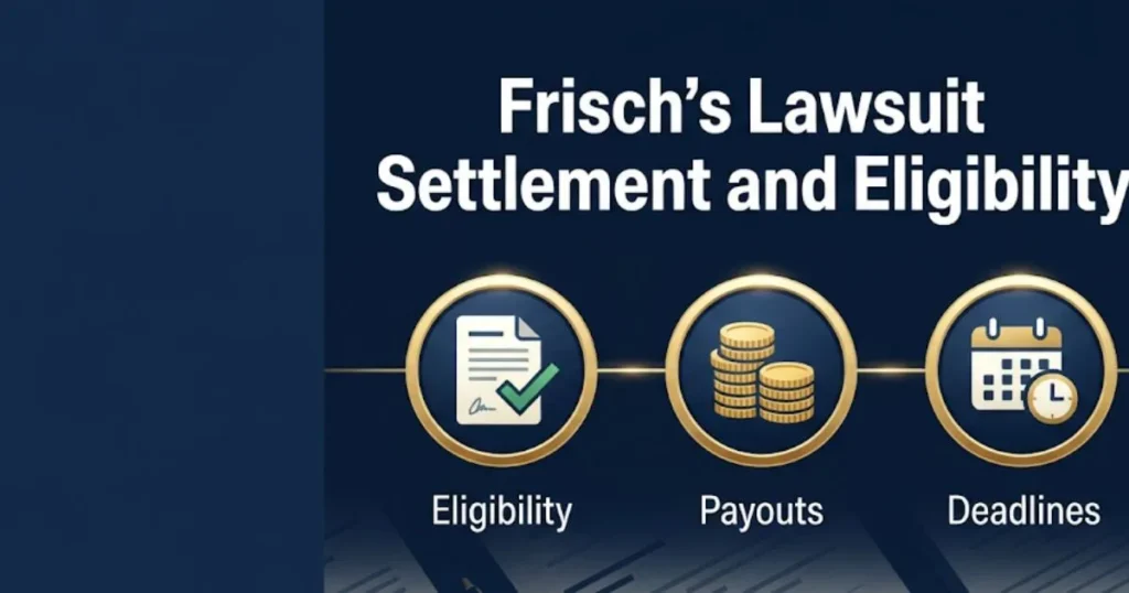 Frisch's Restaurants Lawsuit settlement eligibility infographic with payout icons