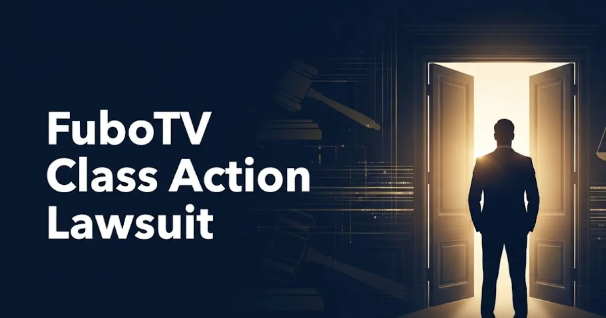 FuboTV class action lawsuit 2026 guide with legal symbols and navy gold design