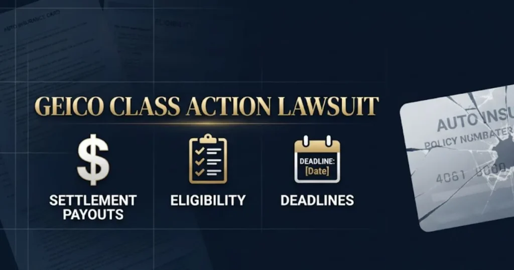 GEICO class action lawsuit infographic showing payouts eligibility and deadlines