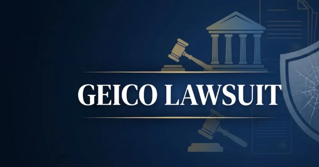 GEICO lawsuit 2026 hero banner with courthouse and gavel legal imagery