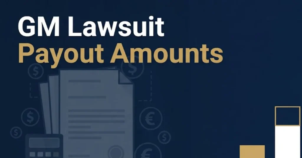 GM lawsuit payout amounts infographic with legal documents and chart on navy background